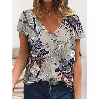 Летние свободные футболки для пар, женские топы с V-образным вырезом и короткими рукавами, повседневные футболки с 3D цветочным принтом XL