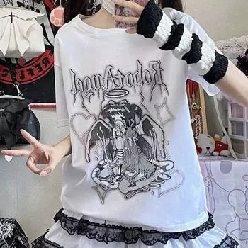 Летние свободные футболки с мультяшным принтом в стиле Харадзюку, повседневные шикарные модные топы с круглым вырезом, женские футболки с короткими рукавами в стиле панк, готические S чёрный