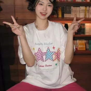Летние свободные футболки в стиле преппи Y2k с эстетическими принтами, модные футболки с милым звездным принтом и буквами, женские повседневные универсальные футболки в корейском стиле M белый