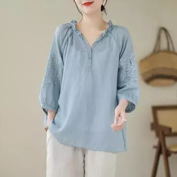 Летние свободные хлопковые льняные блузки с вышивкой, белые, черные, желтые топы, женская блузка с v-образным вырезом и рукавами 3/4 M синий