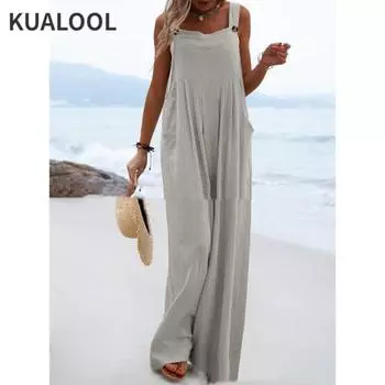 Летние свободные комбинезоны на бретелях в стиле бохо с винтажным узором и принтом, широкий комбинезон, женские повседневные пляжные прямые комбинезоны с карманами