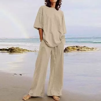 Летние свободные однотонные повседневные брюки, женские модные комплекты с коротким рукавом и брюками больших размеров, простые карманы, на шнуровке, женские наряды 26212 S чёрный