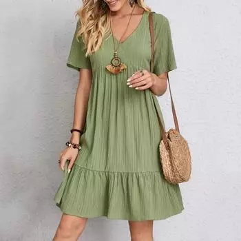 Летние свободные однотонные женские повседневные платья с коротким рукавом, модное винтажное элегантное сексуальное вечернее платье с V-образным вырезом, плиссированное модное пляжное платье 25924 S красный