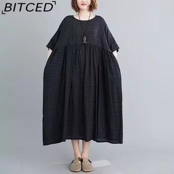 Летние свободные платья большого размера с короткими рукавами и большим подолом для женщин One Size чёрный