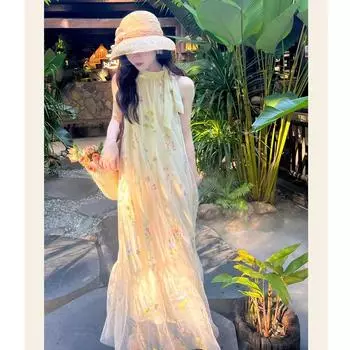 Летние свободные платья с вышивкой из сетки и висячей шеи S абрикосовый