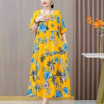 Летние свободные платья женские повседневные с коротким рукавом винтажный принт длинные платья женские хлопковые льняные платья больших размеров XL белый/красный