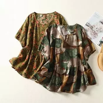 Летние свободные повседневные блузки и рубашки с короткими рукавами и принтом Meat Cover M хаки