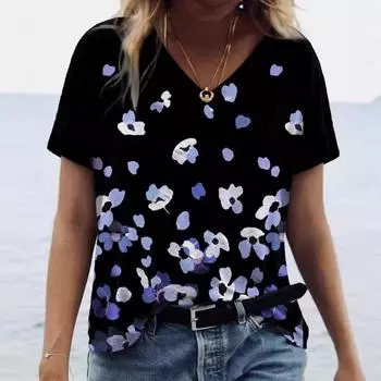 Летние свободные повседневные футболки с 3D-принтом и короткими рукавами с V-образным вырезом для женщин S