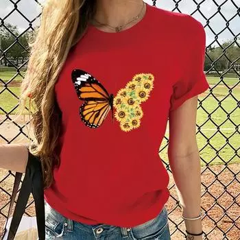 Летние свободные повседневные футболки с круглым вырезом и принтом бабочки и маргаритки из чистого хлопка с короткими рукавами для женщин S чёрный