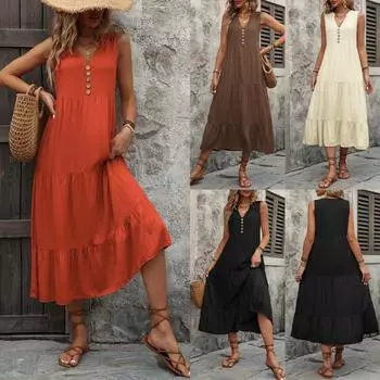 Летние свободные повседневные платья без рукавов А-силуэта, женские элегантные модные плиссированные пляжные платья для отдыха, женское однотонное простое облегающее винтажное женское платье 26243 S чёрный