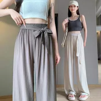 Летние свободные повседневные широкие брюки с повязками, женские плиссированные брюки из ледяного шелка на шнуровке с высокой талией, драпированные прямые брюки, крутые длинные брюки, модные элегантные тонкие брюки S чёрный