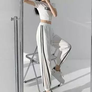 Летние свободные повседневные спортивные брюки галифе с эластичной талией на кулиске, с цветными блоками, сетчатыми вставками, завязками на щиколотках для женщин S белый