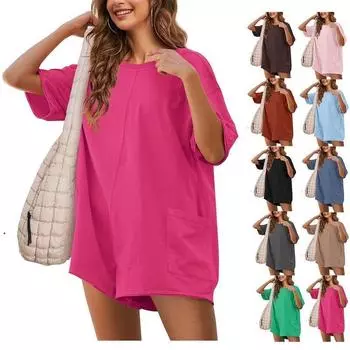 Летние свободные повседневные женские комбинезоны с коротким рукавом, шорты с круглым вырезом, однотонные, простые, с открытой спиной, женские элегантные комбинезоны с карманами, модные женские боди 26177 S чёрный