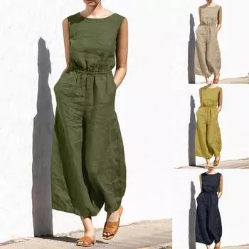 Летние свободные повседневные женские темпераментные однотонные комбинезоны без рукавов с высокой талией, длинные брюки L