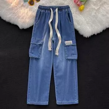 Летние свободные прямые джинсы для мальчиков с большими карманами — повседневный облегающий стиль. 2XL чёрный