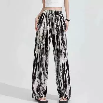 Летние свободные широкие брюки из ледяного шелка, женские повседневные прямые брюки с высокой талией, женские тонкие уличные брюки для женщин S белый