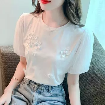 Летние свободные топы, белая блузка, однотонная, с круглым воротником, элегантная рубашка с короткими рукавами и цветочным принтом из бисера для женской одежды 27490 S белый