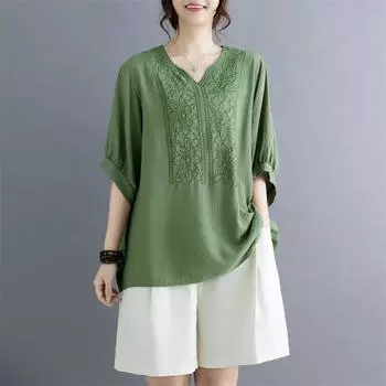 Летние свободные топы Johnature с вышивкой в китайском стиле с v-образным вырезом, повседневные винтажные однотонные блузки, рубашки для женщин One Size кофейный