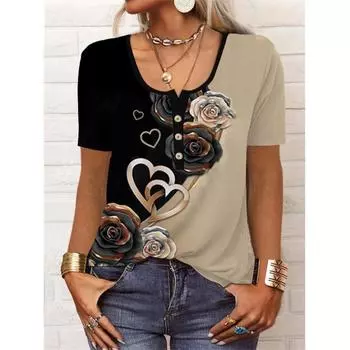 Летние свободные женские футболки с короткими рукавами, геометрическим цветочным узором и U-образным вырезом на пуговицах S