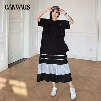 Летние свободные женские платья больших размеров с цветными блоками и плиссированным подолом, платья с короткими рукавами L чёрный