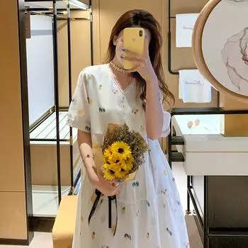 Летние свободные женские шифоновые платья с v-образным вырезом и коротким рукавом, одежда больших размеров M