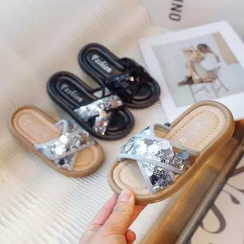 Летние тапочки для девочек, детская пляжная обувь для принцесс, тапочки с блестками для маленьких детей, мягкая подошва, нескользящая, универсальный размер 26-36 26 чёрный