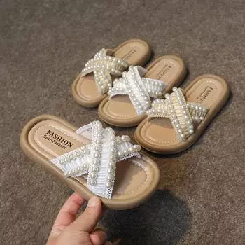 Летние тапочки для девочек Pearls Princess Sweet Kids Slides Beach Shoes Bohemia Woven Детские уличные тапочки с противоскользящей поверхностью 26 белый