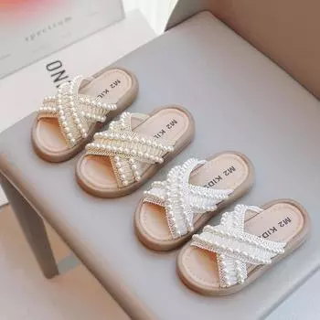 Летние тапочки для девочек Princess Sweet Pearls Детские тапочки Пляжная обувь Bohemia Woven Детские уличные тапочки Нескользящие 26-37 26 хаки