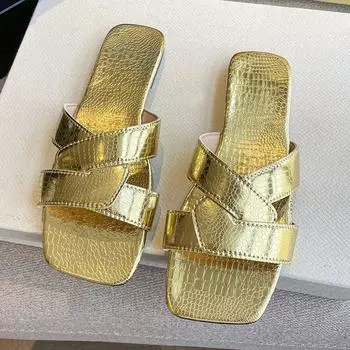 Летние тапочки для женщин, роскошные пляжные шлепанцы для женщин, плоские сандалии для женщин, модный дизайн, золотистая обувь, большой размер 42 40 чёрный