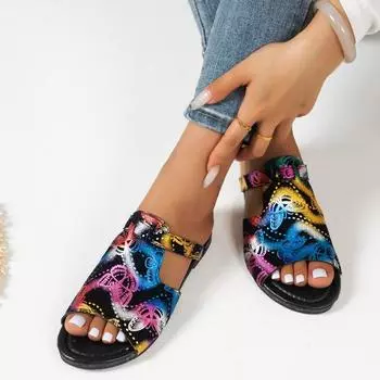 Летние тапочки для женщин, шлепанцы, балетки, новые плиссированные корейские тапочки, женские сандалии, с принтом, туфли без застежек, большой размер 35-42 39 чёрный