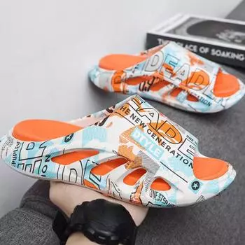 Летние тапочки мужские домашние сандалии на мягкой подошве на платформе модная пляжная обувь пара уличные нескользящие шлепанцы для ванной 44-45 оранжевый