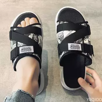 Летние тапочки мужские домашние тапочки для дома мужские тапочки удобные нескользящие шлепанцы на плоской подошве модная пляжная обувь спортивные тапочки 35-36 черный белый