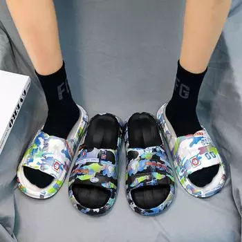 Летние тапочки мужские из ЭВА для отдыха для пар, нескользящие пляжные домашние туфли на плоской подошве для ванной комнаты, горки для дома, граффити, толстая подошва, креативный повседневный стиль 36 чёрный