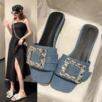 Летние тапочки на плоской подошве, ленивые туфли с квадратным носком, пляжные тапочки, женские однотонные сандалии с открытым носком 36 чёрный