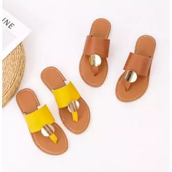 Летние тапочки на плоской подошве, новый Т-образный носок с круглой головкой и повседневные сандалии большого размера, коричневые и желтые шлепанцы 36
