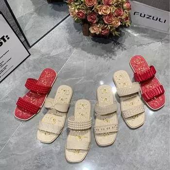 Летние тапочки на плоской подошве, женская мода и отдых, сандалии в стиле феи с одним персонажем, домашние сандалии 36 бежевый