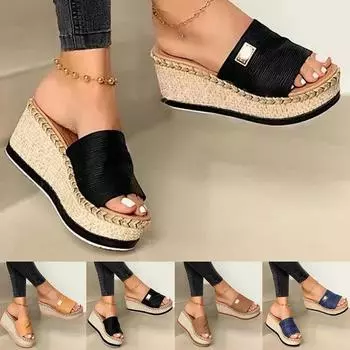 Летние тапочки на танкетке, женские тапочки на высоком каблуке, женская уличная обувь, базовые тапочки на танкетке, шлепанцы, сандалии 36 чёрный