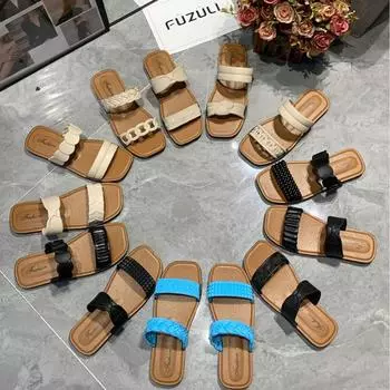 Летние тапочки с квадратным носком, женские, новые модные, повседневные, с плоской подошвой, классные тапочки, студенческие пляжные тапочки 36 бежевый