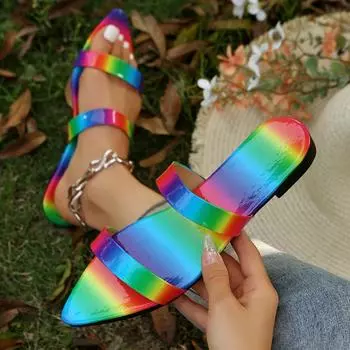 Летние тапочки с острым носком для женщин 2024 года, новые женские тапочки на плоской подошве разных цветов, уличные женские повседневные сандалии 35