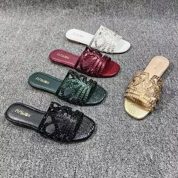 Летние тапочки со стразами, модные женские тапочки на плоской подошве с открытым носком, пляжные повседневные шлепанцы, сандалии Pantuflas De Mujer 37