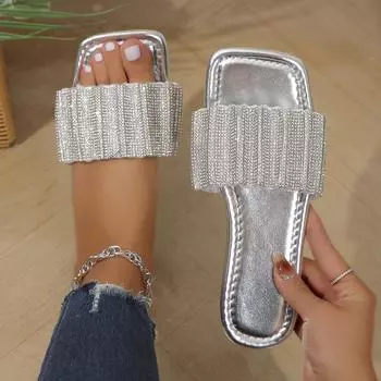 Летние тапочки со стразами, женские новые корейские сандалии на плоской подошве с кристаллами, уличные домашние элитные брендовые дизайнерские сандалии, женские большие размеры 36-43 36
