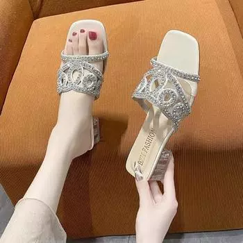 Летние тапочки со стразами, женские повседневные тапочки на массивном каблуке, модная пляжная обувь, женские Sandalias De Mujer 35 бежевый