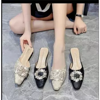 Летние тапочки, женская мода, мюли с бусинами, новые удобные босоножки на среднем каблуке с толстым острым носком 34 бежевый