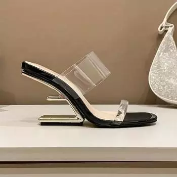 Летние тапочки женские новые формованные каблуки квадратный носок прозрачные сандалии повседневные модные босоножки на высоком каблуке 35