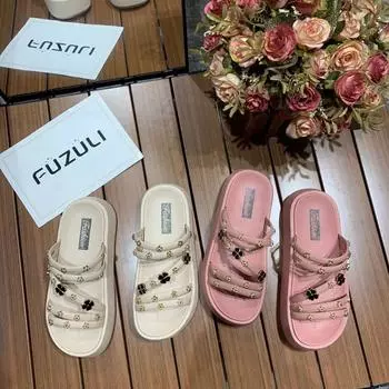 Летние тапочки женские новые модные интернет знаменитости верхняя одежда одно слово с плоским дном крутые тапочки приморские повседневные туфли на толстой подошве для пляжа 36 розовый