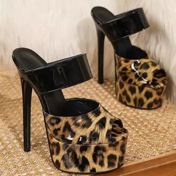 Летние тапочки женские сандалии на платформе с леопардовым принтом цветные блоки на тонком высоком каблуке 16 см для ночного клуба вечеринки женская обувь 35