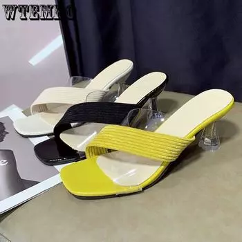 Летние тапочки, женские удобные женские сандалии на низком каблуке, универсальные женские сандалии с открытым носком 35 жёлтый