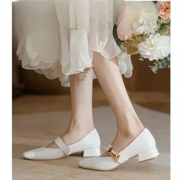 Летние темпераментные туфли для поездок на работу в диких условиях Мэри Джейн, туфли на среднем каблуке с неглубокой горловиной, мягкие женские 35 хаки