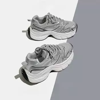 Летние толстые кроссовки с круглым носком, сетчатые дышащие кроссовки, универсальная повседневная обувь 35 серебряный