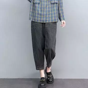 Летние тонкие эластичные брюки из денима с девятью точками, женские свободные брюки-шаровары большого размера с вышивкой XXXL чёрный